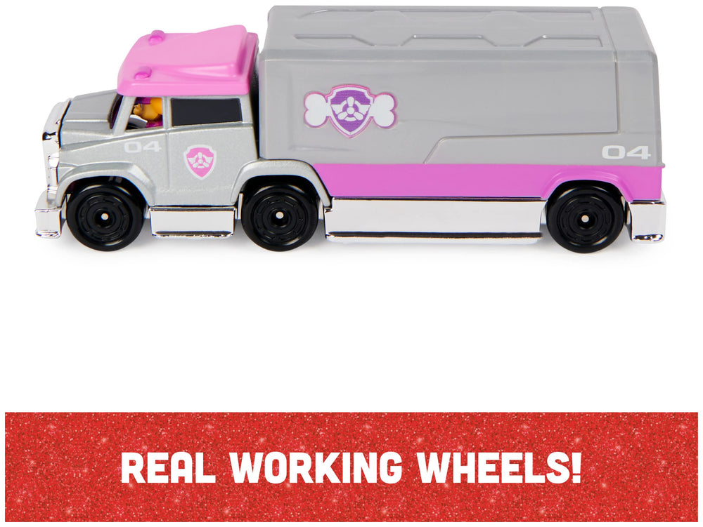 Pups molded inside PAW Patrol True Metal vehicles with ears back.