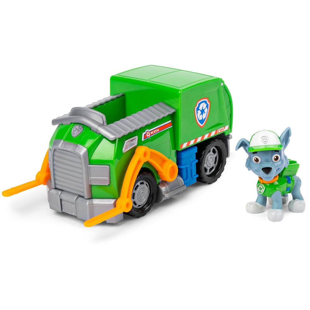 PAW Patrol Rocky figure in recycling vehicle front view for action-packed play