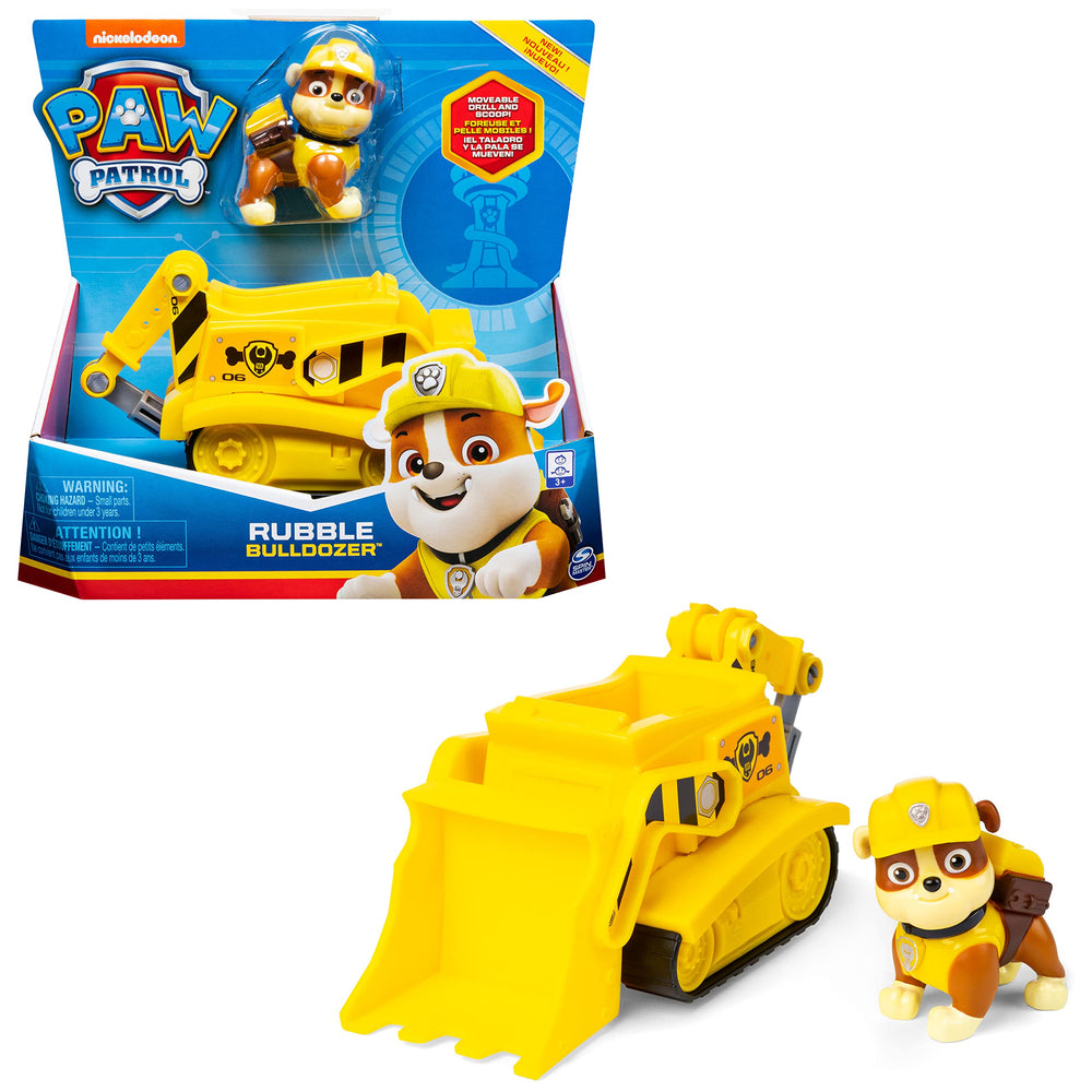 PAW Patrol Rubble bulldozer vehicle shown with realistic detailing for immersive rescue play