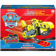 Rubble figure on Moto Pups bike ready for rescue themed pretend play.