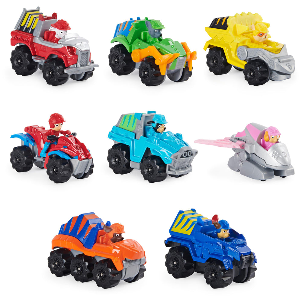 All eight Dino Rescue vehicles lined up in a display for fans