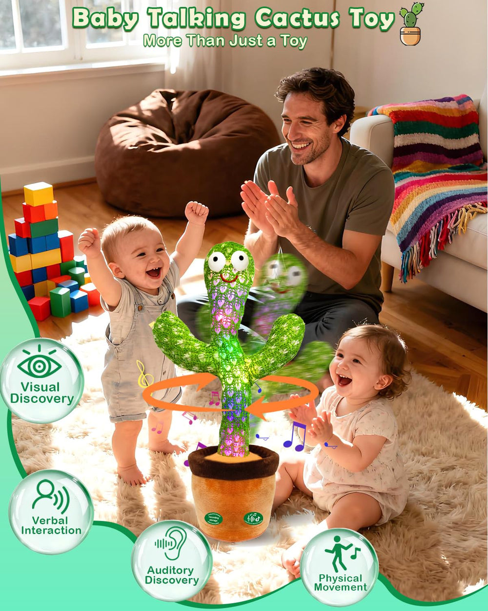 Pbooo Talking Dancing Cactus supports tummy time with movement and lights