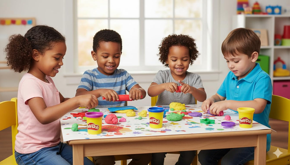 PD Play-Doh neon colors on table with finished sculptures.