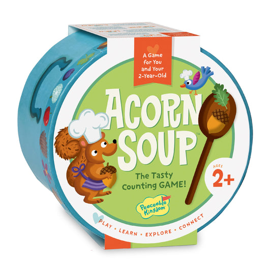 Peaceable Kingdom Acorn Soup Game box cover with warm colors for imaginative toddler play