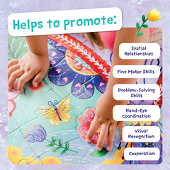 Peaceable Kingdom butterfly floor puzzle in classroom with corded handle for transport.