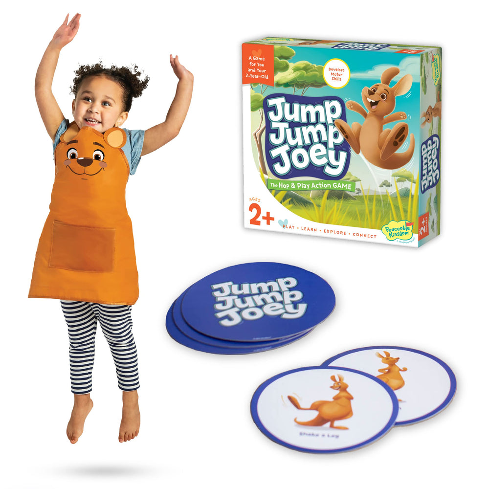 Peaceable Kingdom Jump Jump Joey wearable apron in use encouraging participation