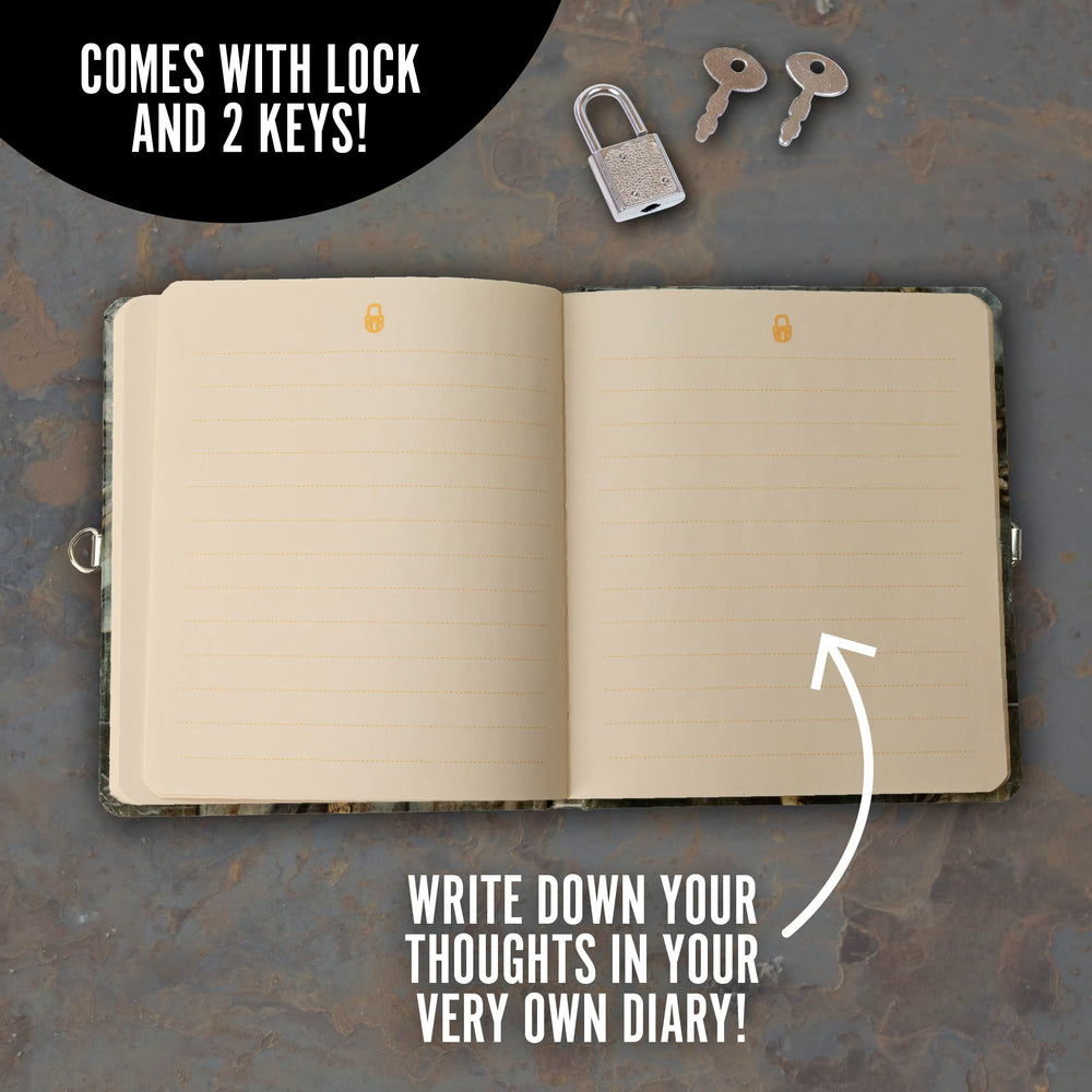 Peaceable Kingdom Keep Out diary shows dimensions 5.5 by 6.25 inches for easy portability