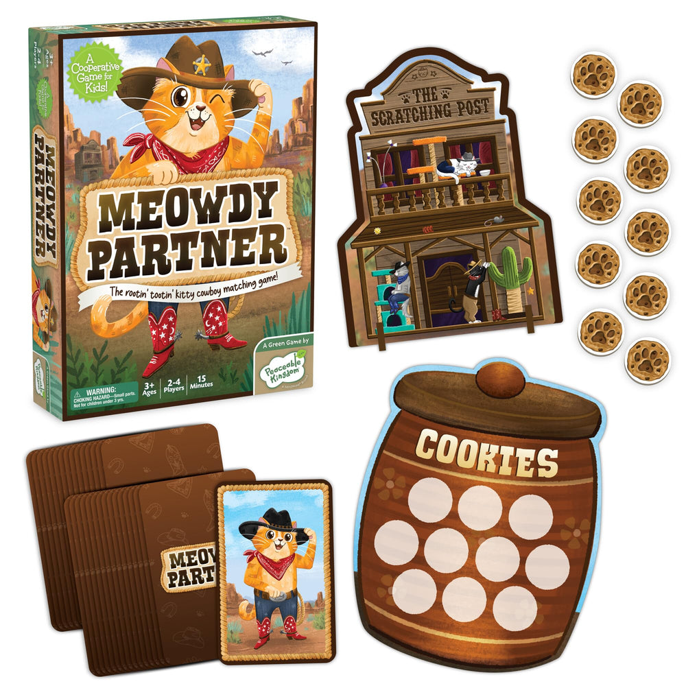 Peaceable Kingdom Meowdy Partner cards for cooperative play and memory development.