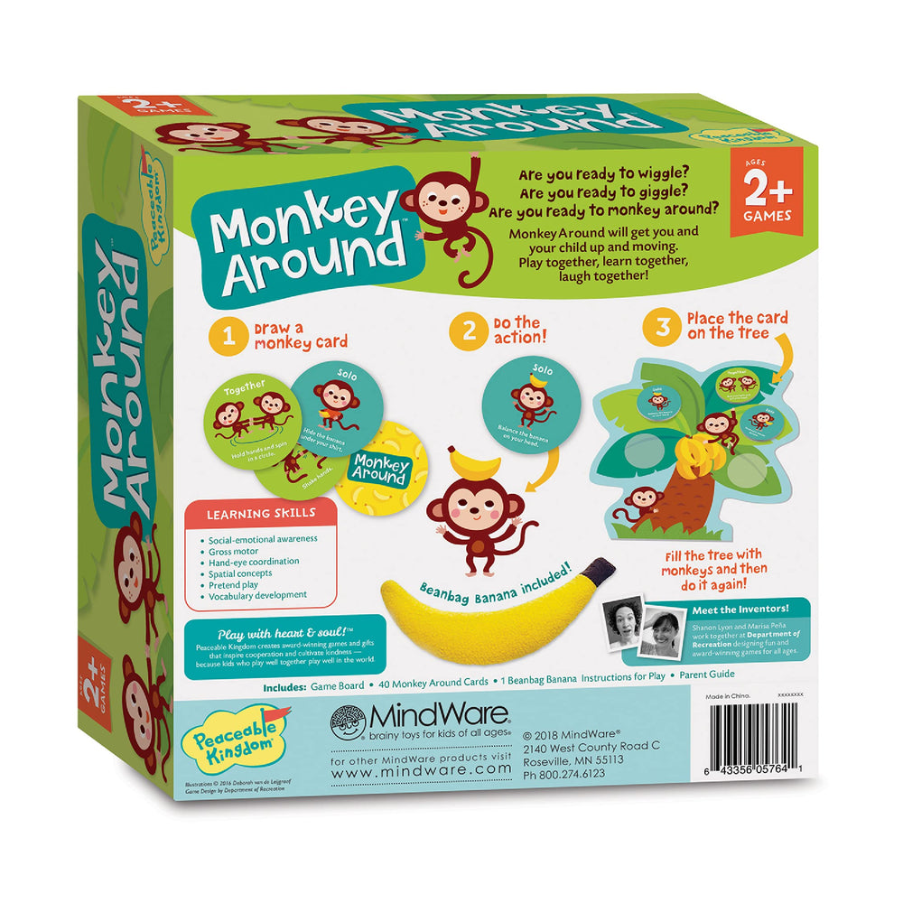 Peaceable Kingdom Monkey Around awards badge highlights trusted design for toddler play.