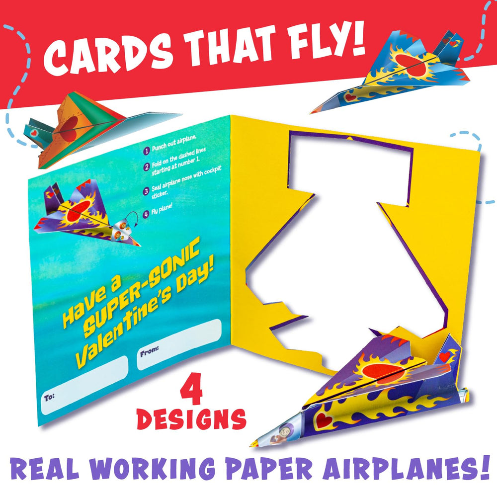 Peaceable Kingdom paper plane valentines design 4 features kid-friendly foldable planes.