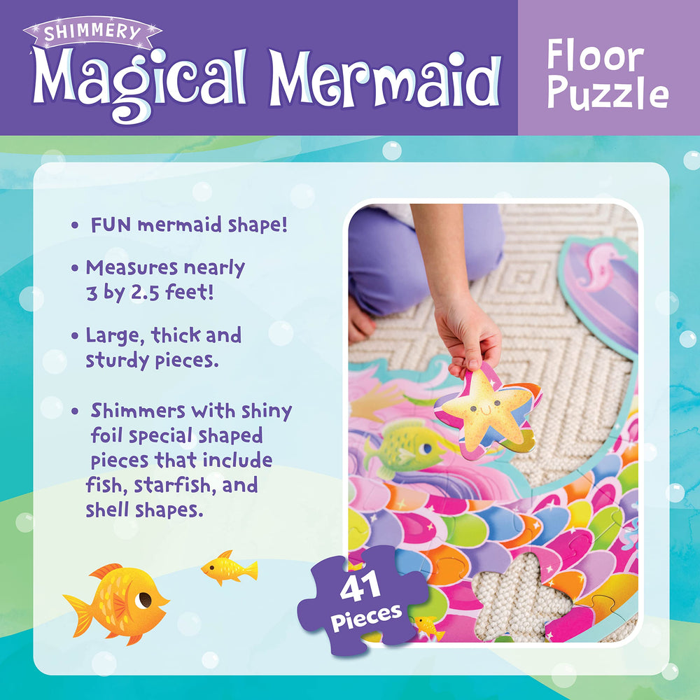 Peaceable Kingdom Shimmery Mermaid Floor Puzzle features thick pieces for easy handling.