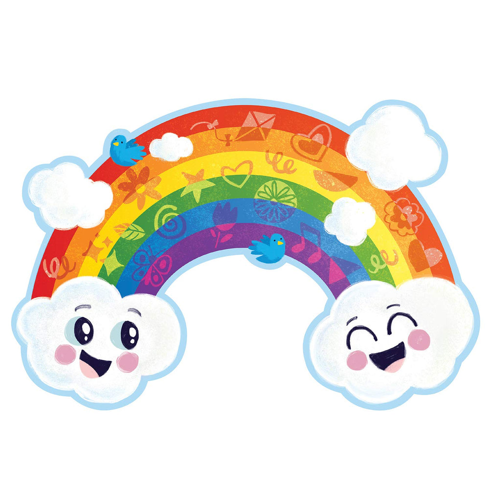 Puzzle pieces on the floor from Peaceable Kingdom Rainbow Puzzle for collaborative play.