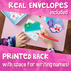 Peaceable Kingdom axolotl designs on cards delight kids at school.