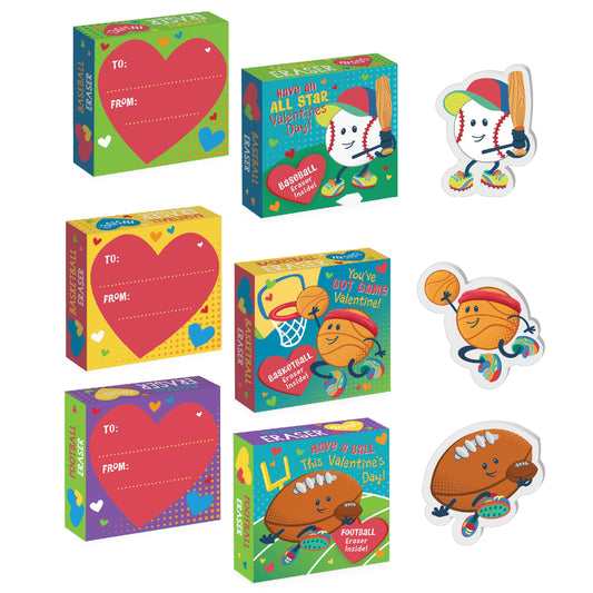 Peaceable Kingdom valentines box for kids with sports cards and erasers, ready for classroom exchanges.
