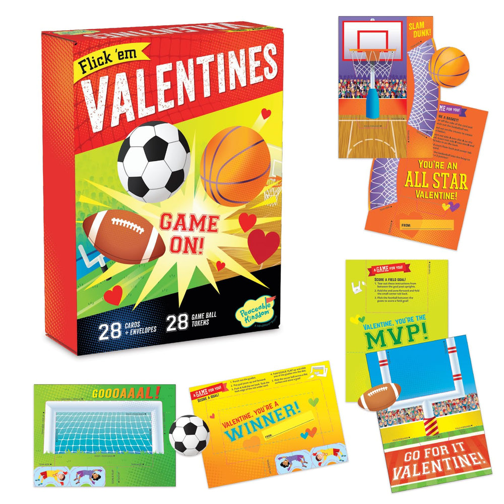Peaceable Kingdom Flick em football Valentines card with interactive game for classroom fun