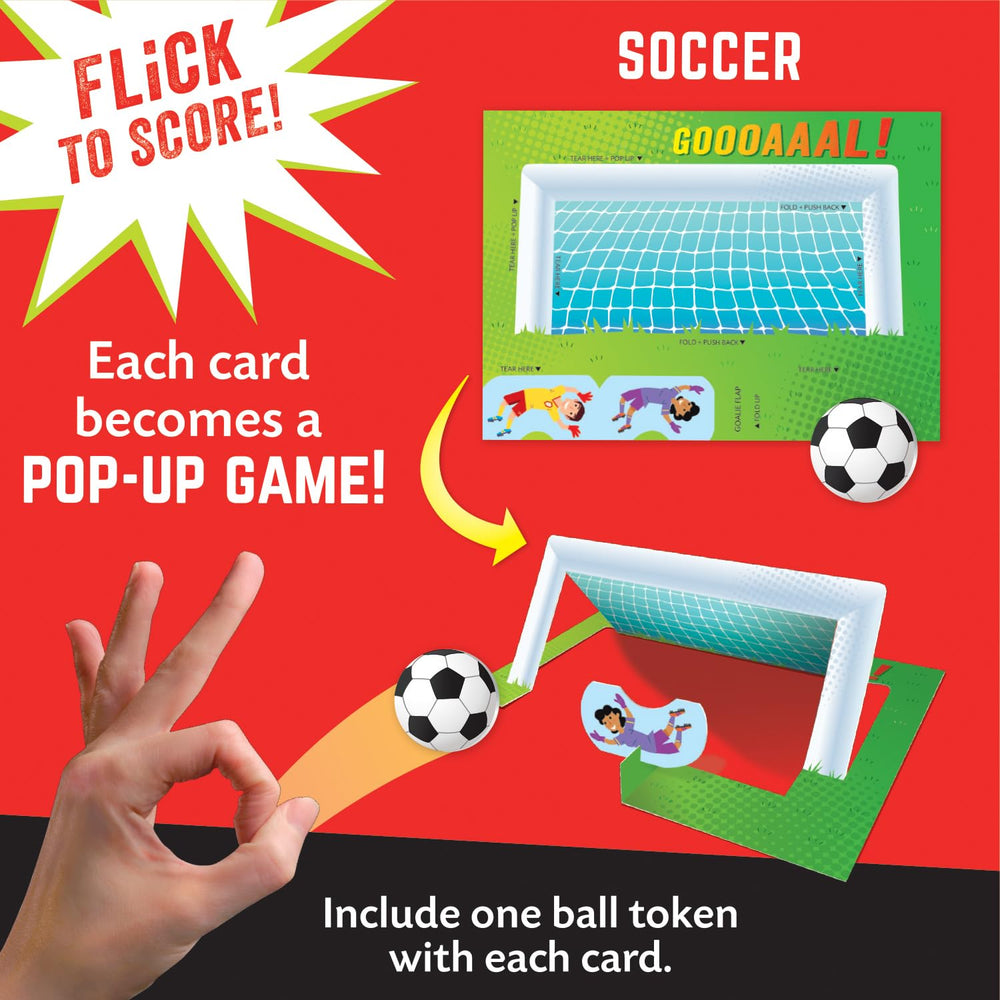 Peaceable Kingdom Flick em soccer Valentines card with three games to spark play