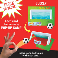 Peaceable Kingdom Flick em soccer Valentines card with three games to spark play