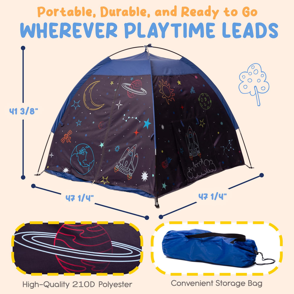 Peaceful Playtime blackout tent with one-button light for gentle illumination.