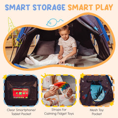 Peaceful Playtime blackout tent interior with mesh storage pockets.
