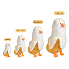 PEACH CAT Banana Duck plush side view highlights compact 12-inch snuggle buddy.