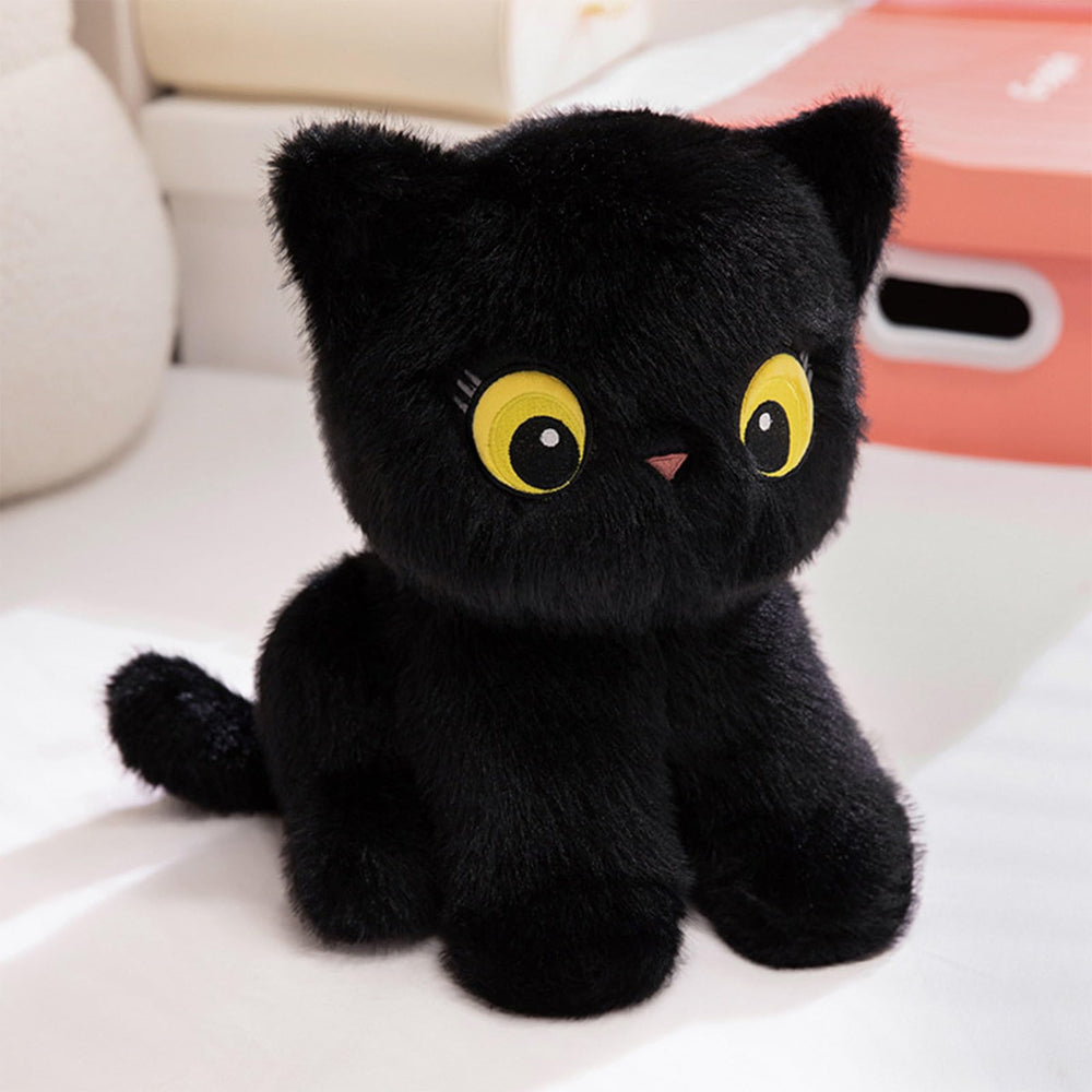 PEACH CAT black cat stuffed animal face, cuddly companion for kids.