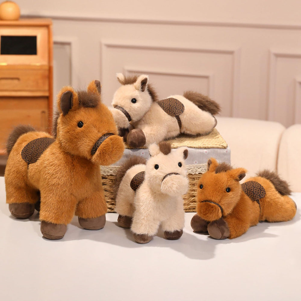 PEACH CAT horse plush face close-up with friendly expression for comforting play.