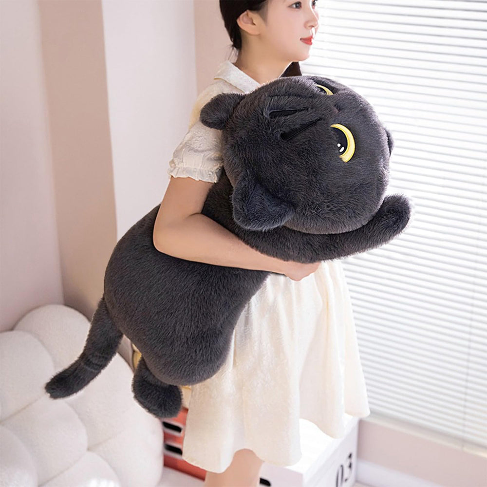 PEACH CAT long cat plush pillow grey, cozy backrest for reading and relaxing.