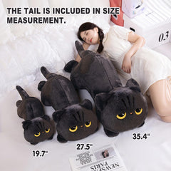 PEACH CAT grey long cat plush pillow side view, versatile lounge accessory.