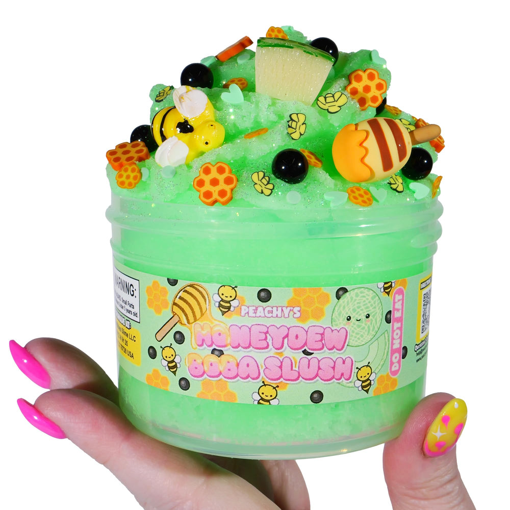 Reusable jar keeps Peachybbies Honeydew Boba Slush Slime fresh
