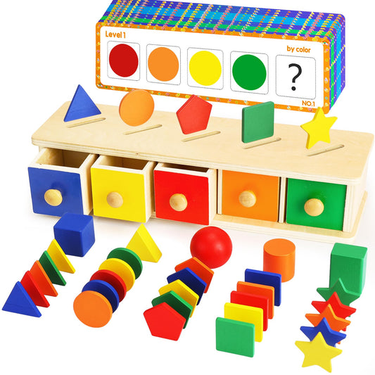 Peacurh Montessori sorter box with five bright drawers supports organization for toddlers