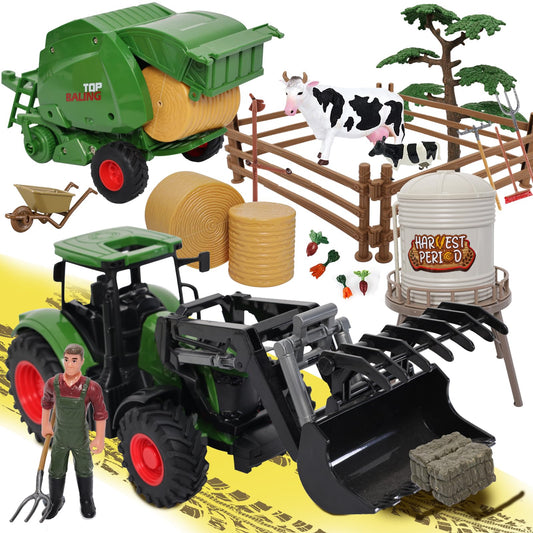 Peagprav Farm Tractor Toy Bale Haying Set with barn boosts imaginative farm play.