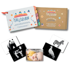 Peak and Rainbow high-contrast cards support early visual development and attention.