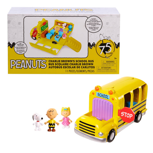 Peanuts Charlie Brown's School Bus front view with rolling wheels for imaginative play.