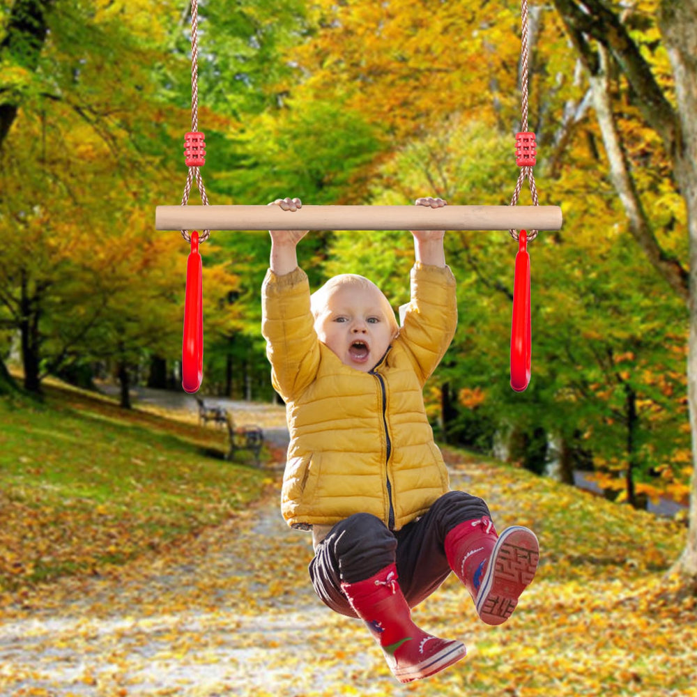 PELLOR trapeze bar with carabiners enables quick, secure setup for indoor or outdoor play.
