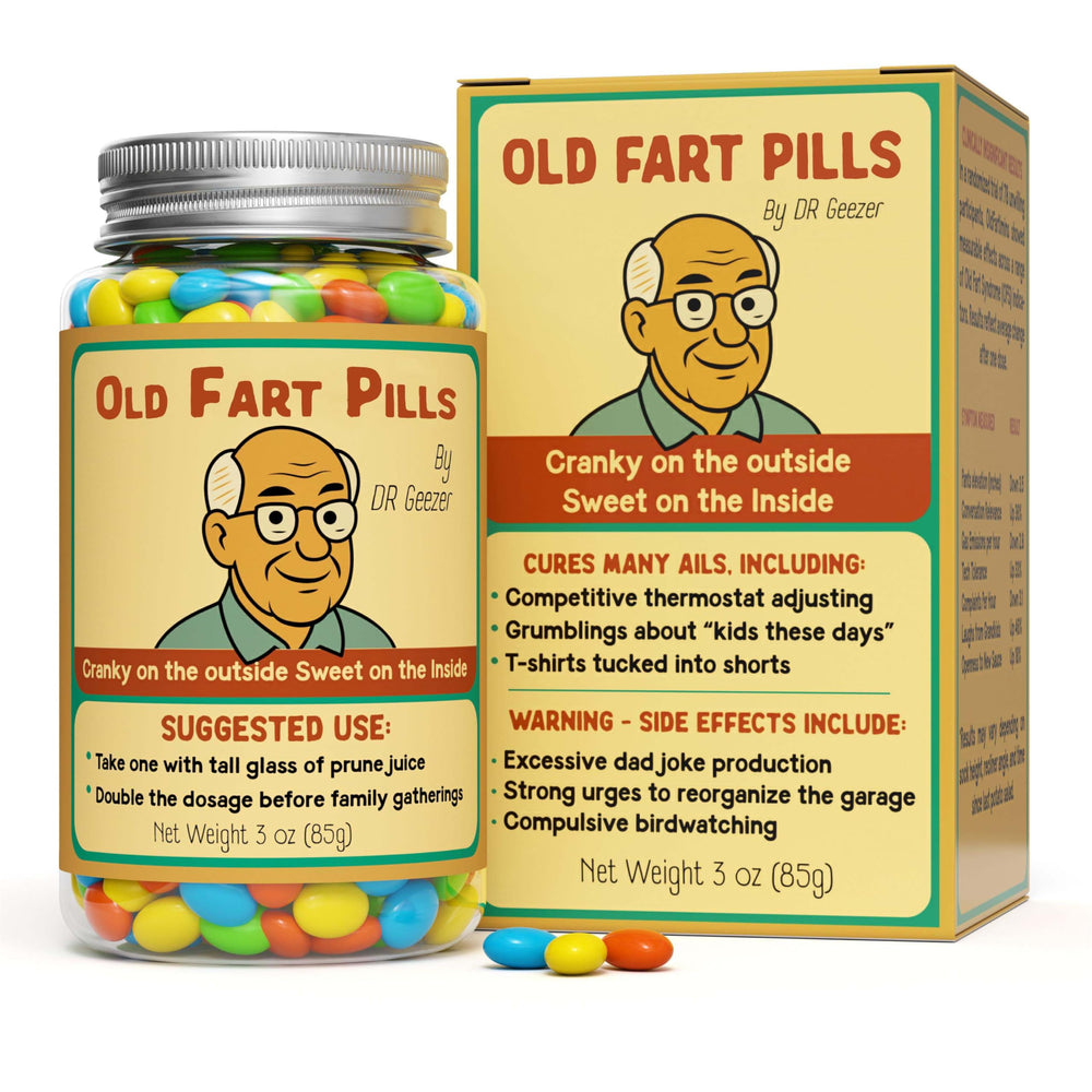 Pelto Old Fart Pills bottle on display for a humorous birthday gift idea