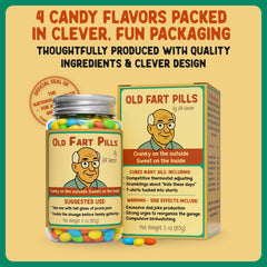 Pelto Old Fart Pills label close-up showing retro gag design