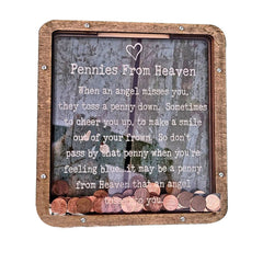 Pennies From Heaven wooden piggy bank with a warm, classic finish for home décor and memory