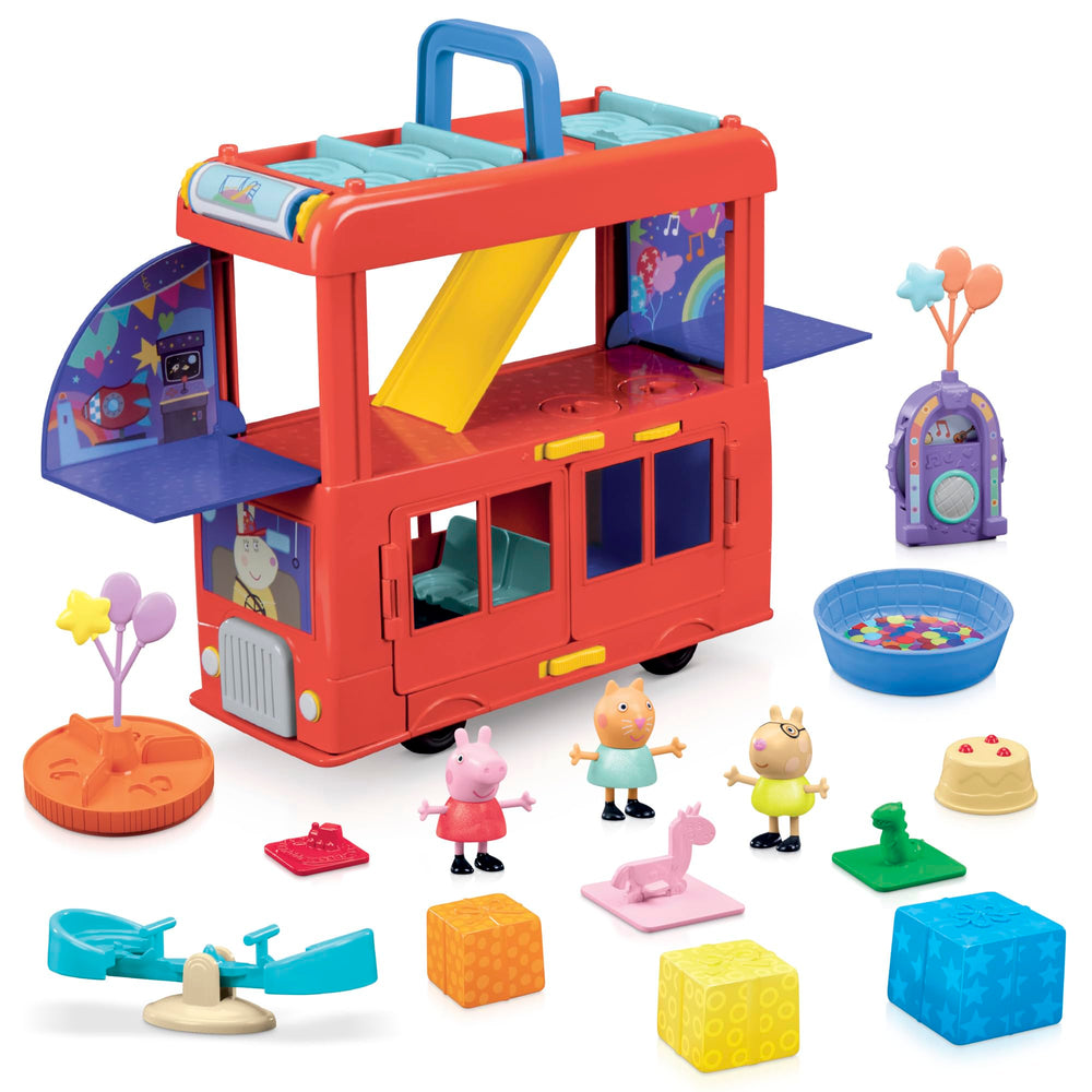 Peppa Pig 2-in-1 party bus playset front view with red double-decker bus.