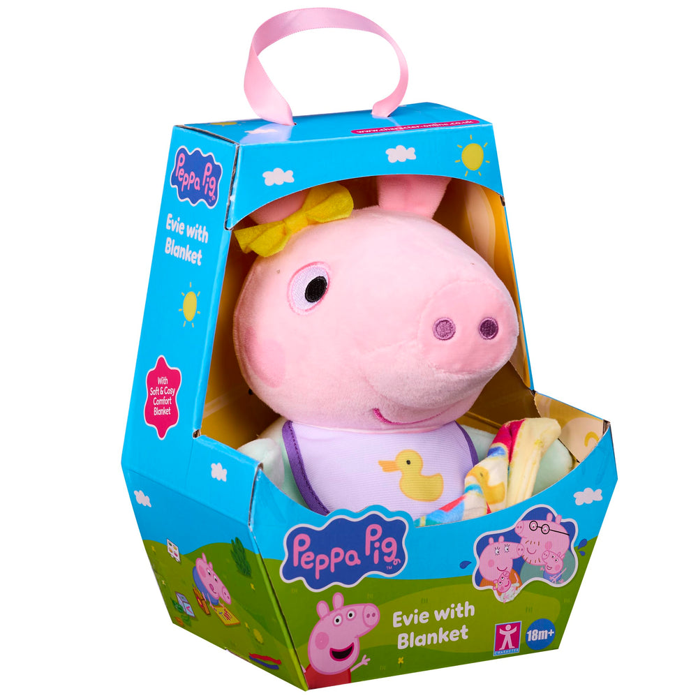 Peppa Pig Baby Evie with blanket plush for cozy cuddles and comforting play.