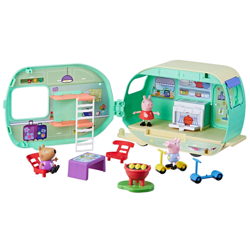 Peppa Pig caravan closed, ready for on-the-go pretend travel.