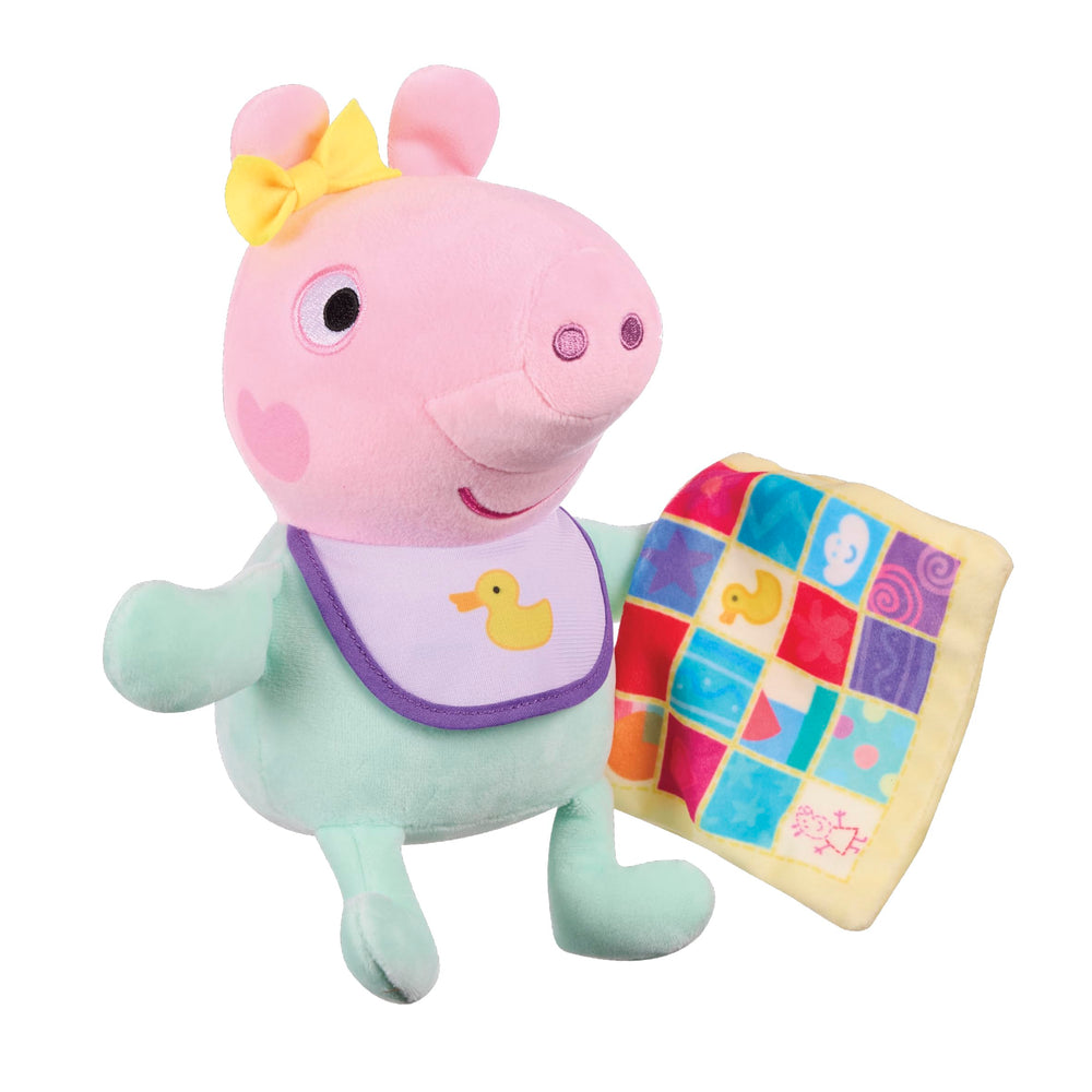 Evie engages in peek-a-boo play with Peppa and George for imaginative fun.