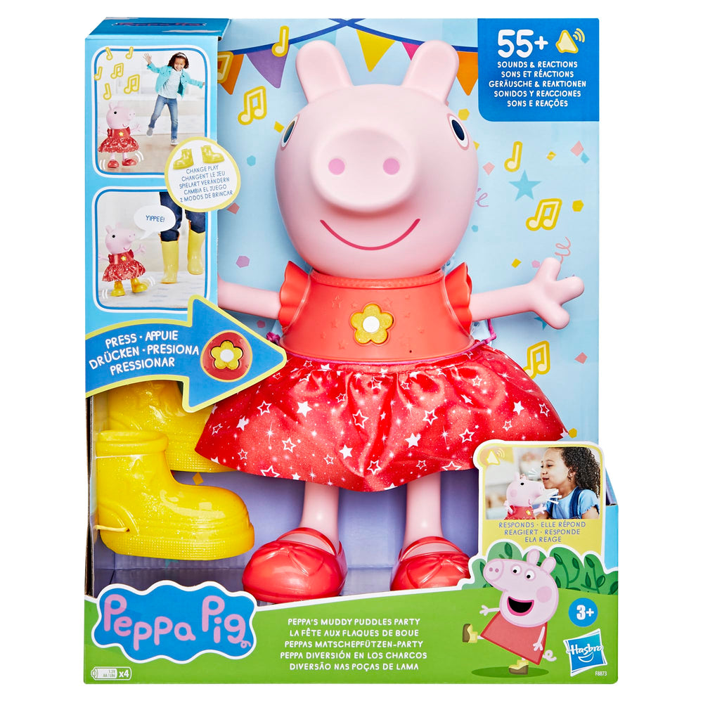 Peppa Pig Muddy Puddles Party doll with removable boots demonstrates mode change play.