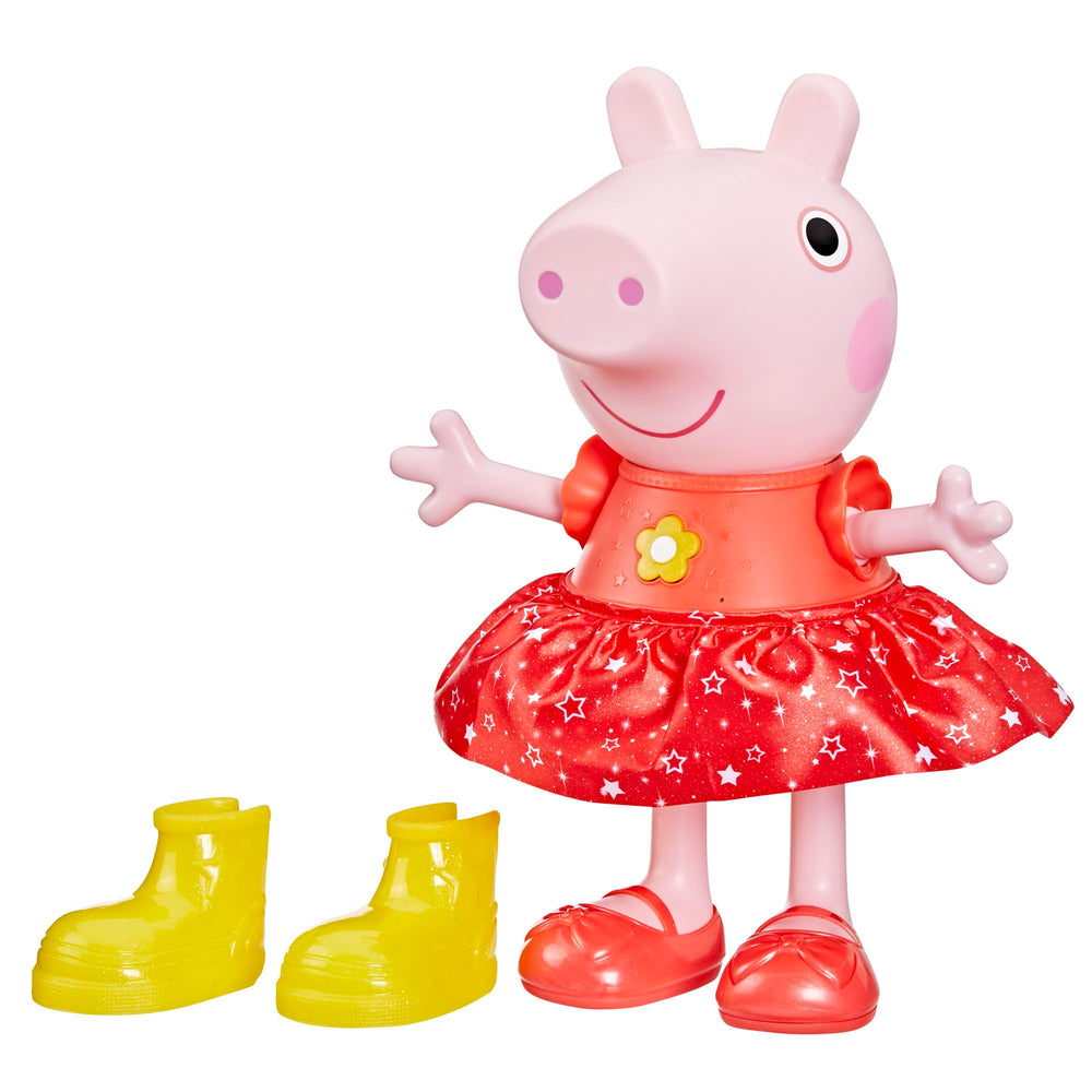 Peppa Pig Muddy Puddles Party doll in a glittery dress with yellow boots ready to dance.