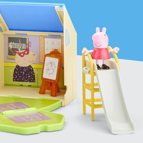 Open-close playset design for quick setup and cleanup with Peppa Pig.
