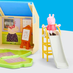 Open-close playset design for quick setup and cleanup with Peppa Pig.
