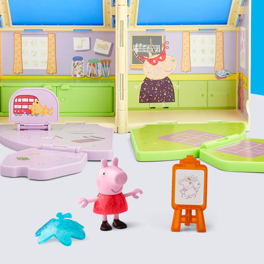 Storage compartment keeps all Peppa Pig playset pieces organized after playtime.