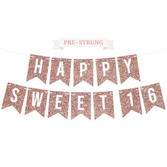 Perfect Occasion pre-strung Happy Sweet 16 banner on a 6 ft strand for quick setup.