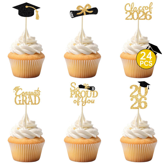 PERFQU 24 Pack Graduation Cupcake Toppers in black gold add festive shine to 2026 desserts.