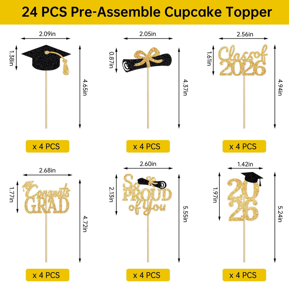 PERFQU Graduation Cake Picks measure 5 by 2.5 inches for versatile dessert decoration.