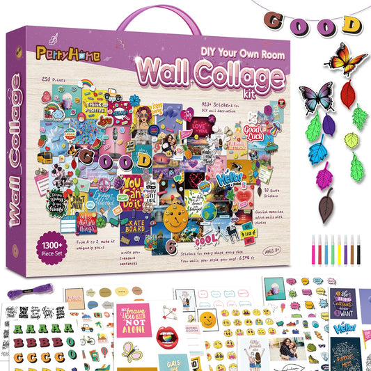 PERRYHOME Wall Collage Kit contents showcase 1300+ accessories for customizable teen room decor.